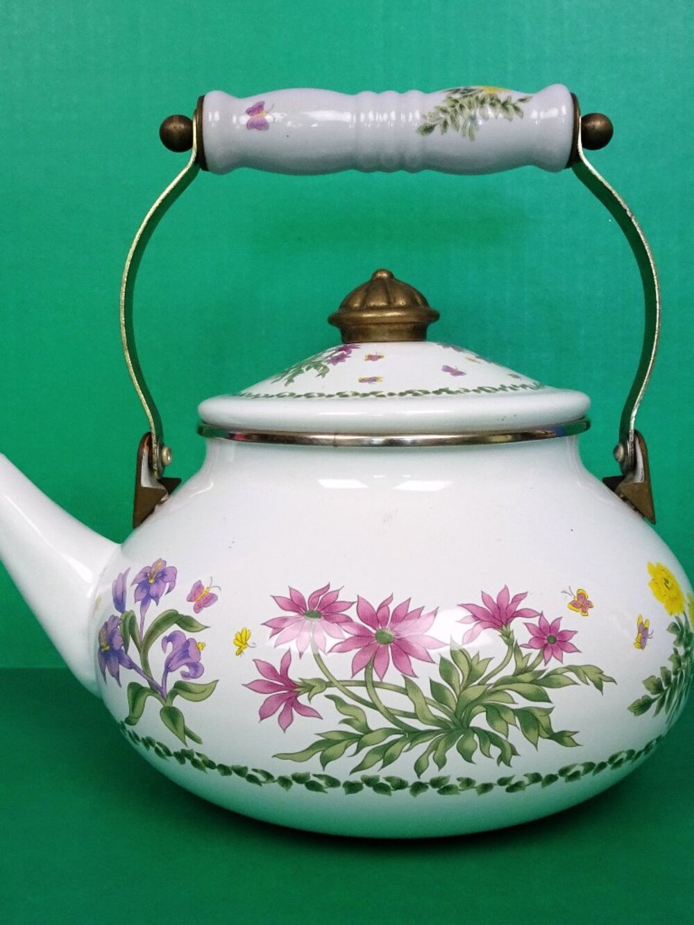 Vintage Lincoware Flowers Butterflies Enamel on Metal Tea Pot Kettle Farmhouse